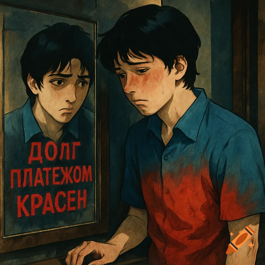 Anime man, blue shirt stained red, looks sadly at his reflection in a mirror with Russian text 'ДОЛГ ПЛАТЕЖОМ КРАСЕН'.