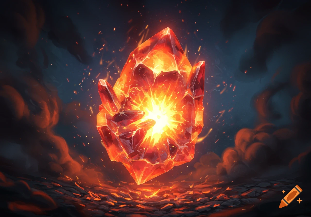 Vibrant, glowing red and orange fire crystal with a bright core, surrounded by embers and smoke on a dark background.