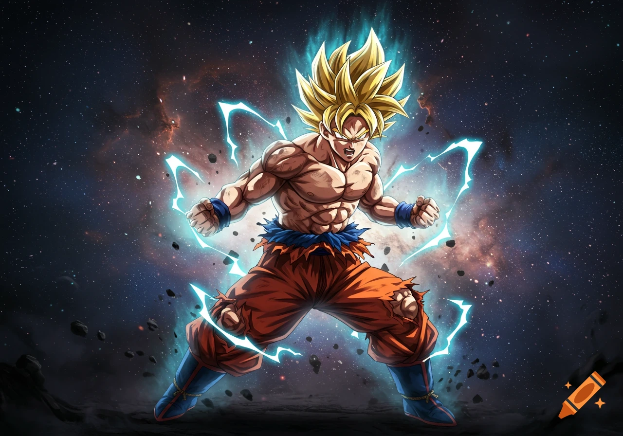Goku in Super Saiyan form, shirtless with spiky blonde hair and blue lightning, standing against a cosmic nebula background, anime style.