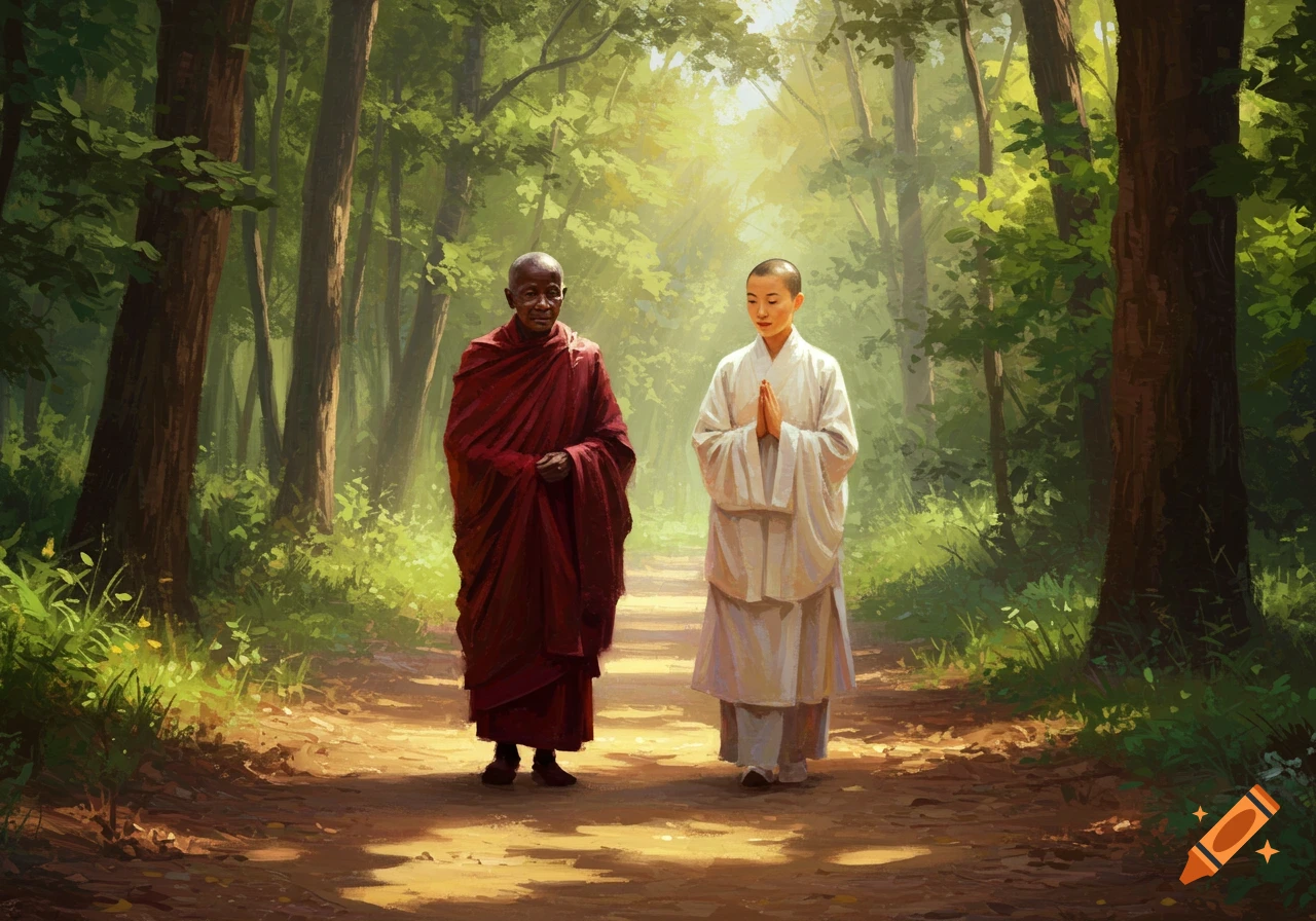 Two monks, one elderly African in red and one Chinese in white, walk on a sunlit forest path in an impressionist oil painting.