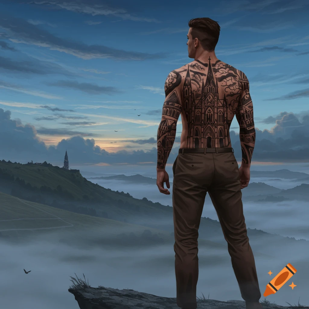 A man with detailed gothic architecture tattoos on his back and arms stands on a cliff, overlooking a misty mountain landscape.