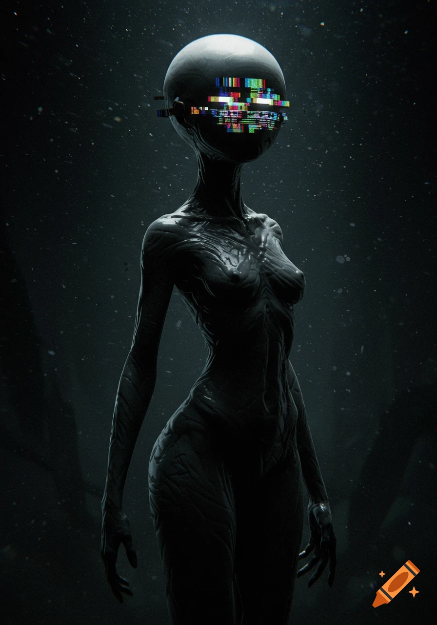 A dark, gaunt, humanoid alien with crinkled black skin and a smooth, spherical head. Its face is a colorful television static pattern.