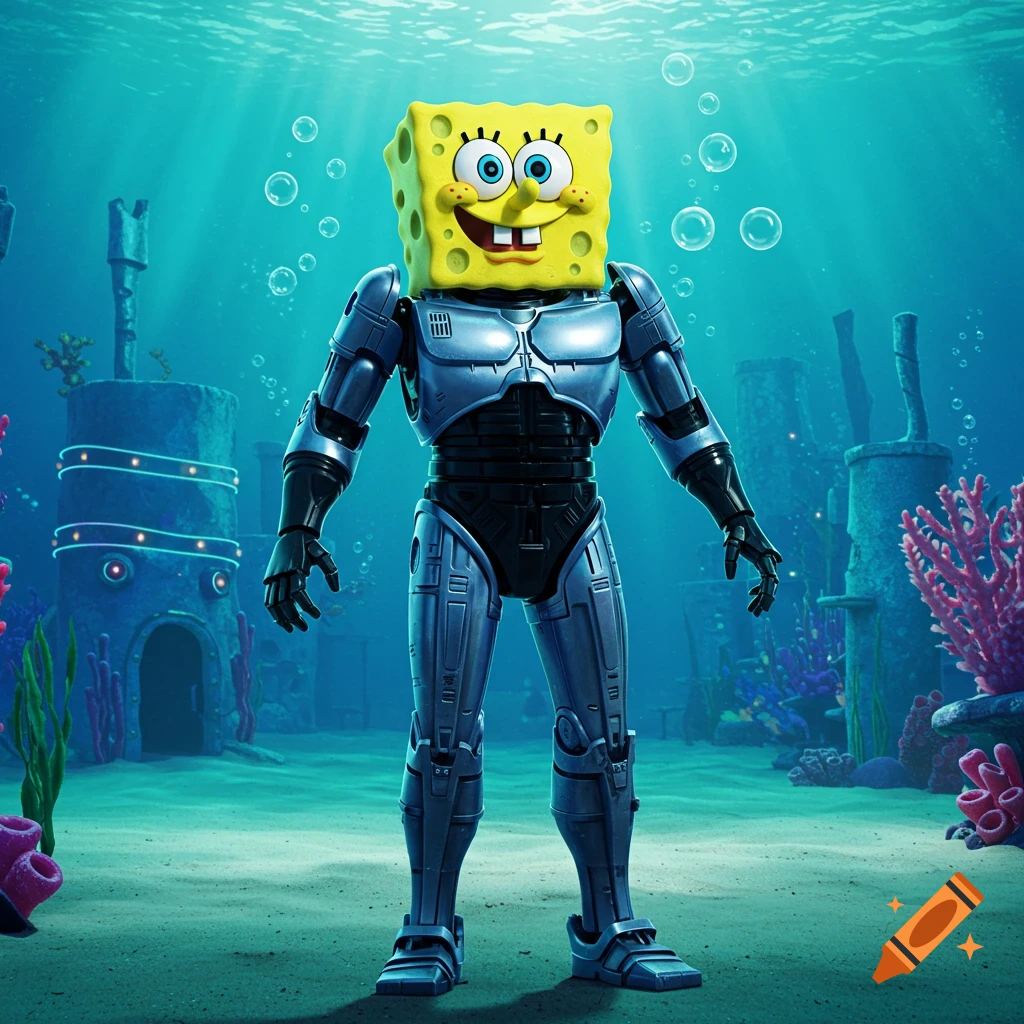 Spongebob Squarepants head on a metallic Robocop body, standing underwater amidst coral and ruins.
