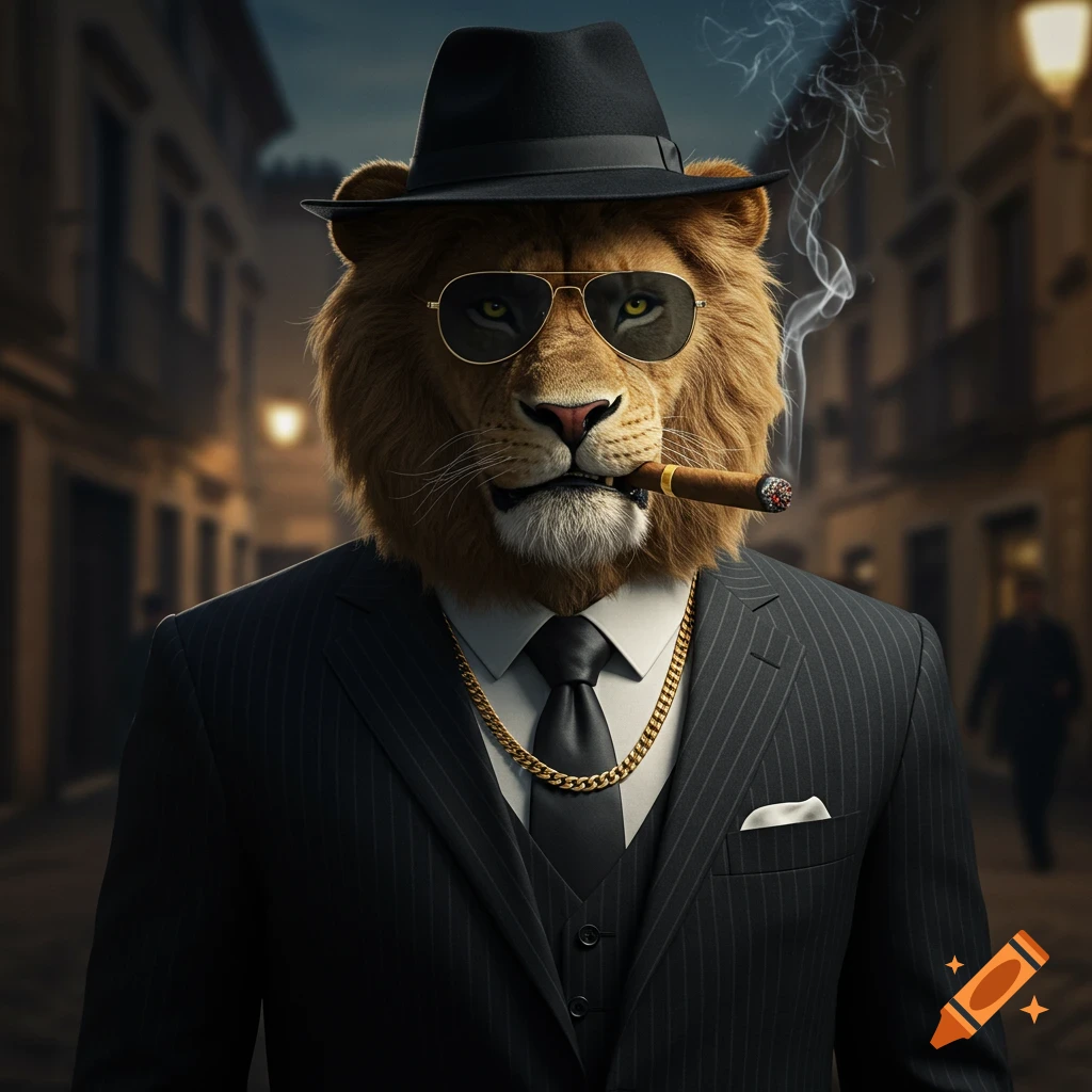 An anthropomorphic lion, dressed as a mafia boss, wearing a pinstripe suit, fedora, sunglasses, and a gold chain, smoking a cigar in a city street at night.
