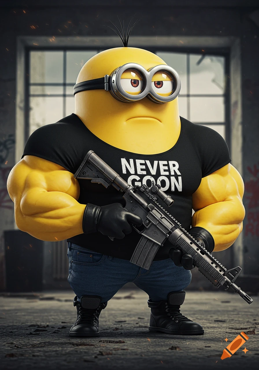 A heavily muscled Minion in a black 'NEVER GOON' shirt, blue jeans, and black boots, holding an AR-15 rifle, in a gritty setting.