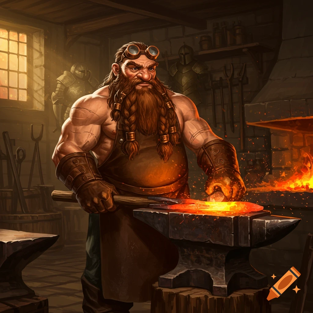A muscular dwarf blacksmith with a long braided beard and goggles forges glowing metal on an anvil in a fiery workshop.