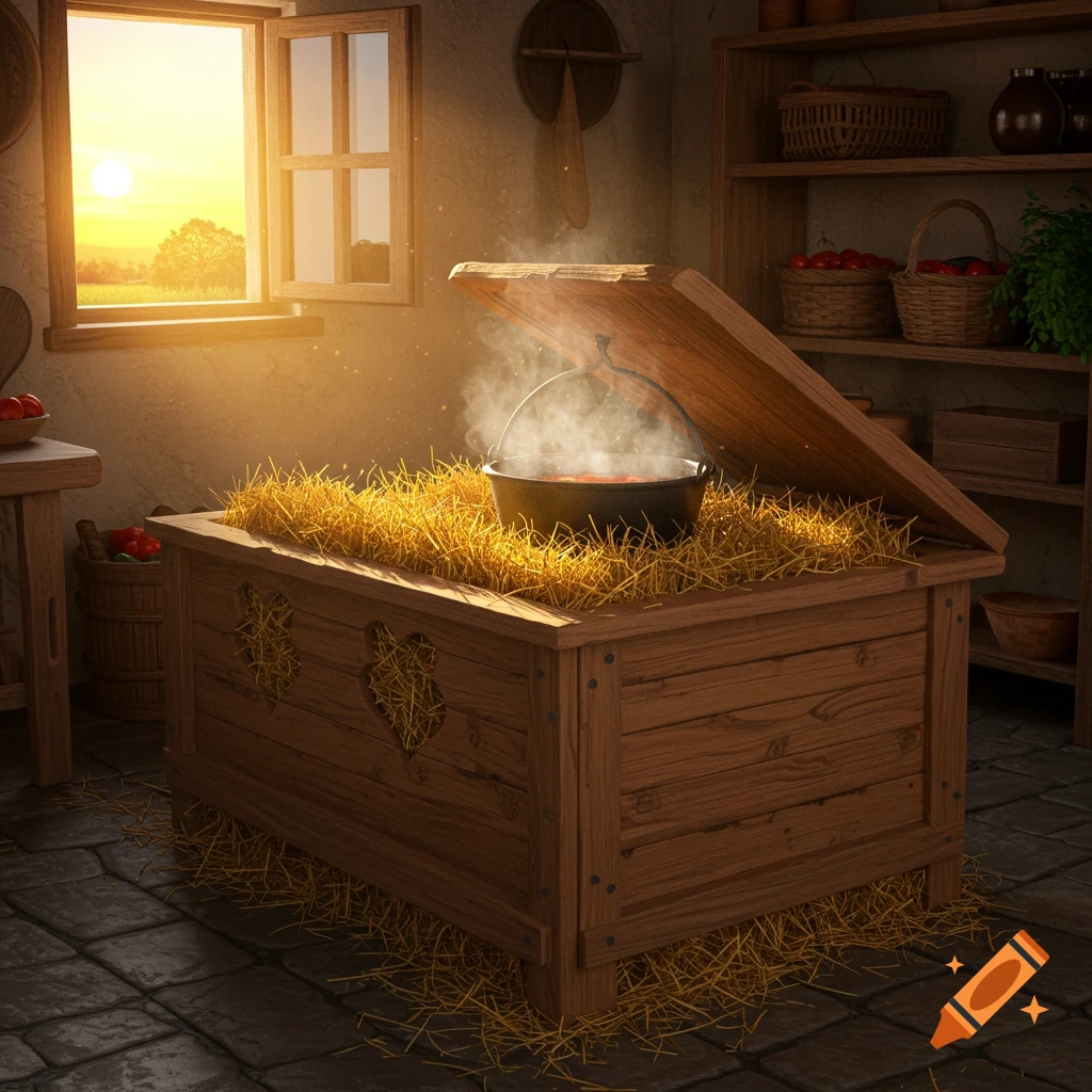 A rustic scene showing a steaming black pot nestled in hay inside a wooden chest, with a sunset visible through a window.