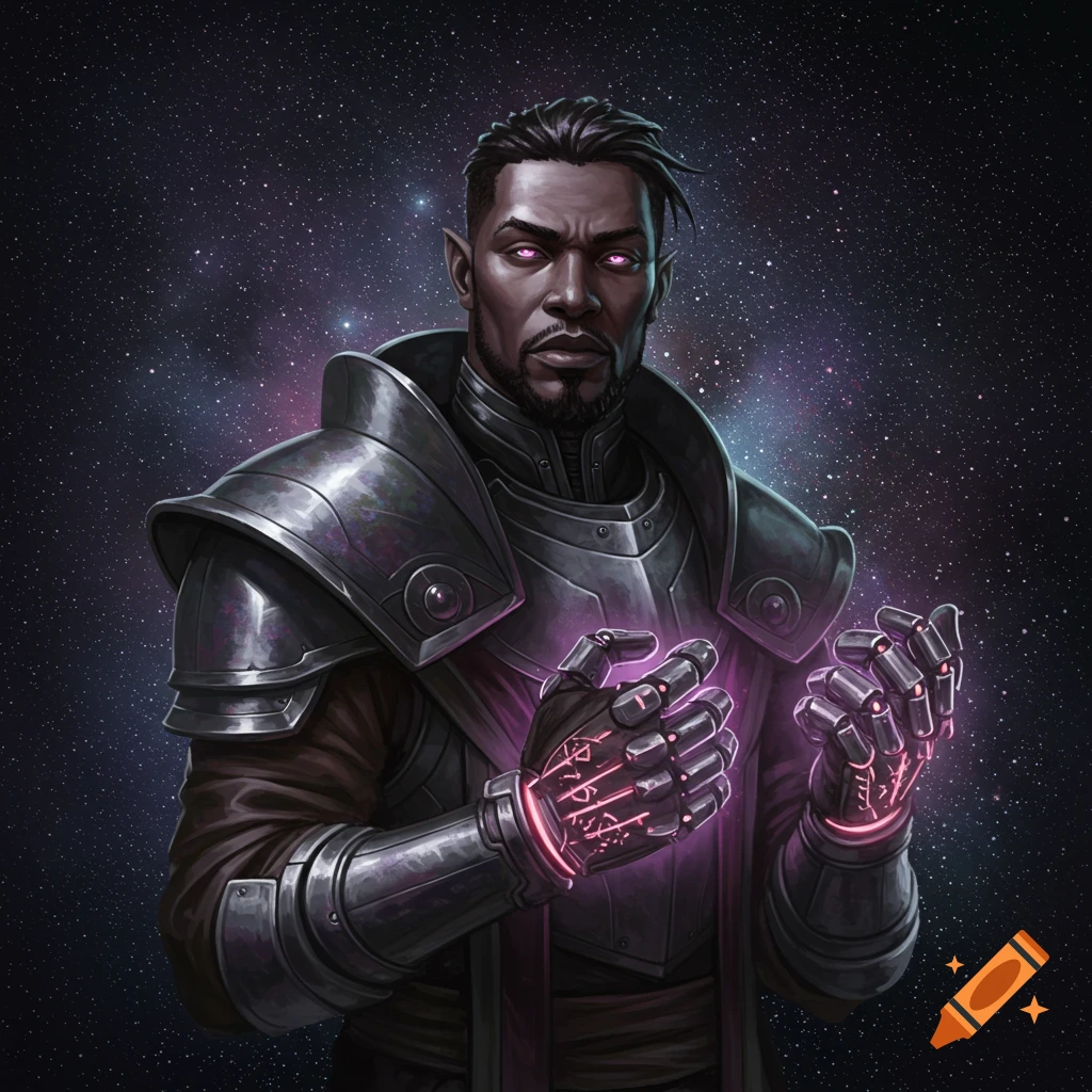 Dark-skinned man with glowing purple eyes and pointed ears, wearing futuristic armor and glowing gauntlets against a starry cosmic background.