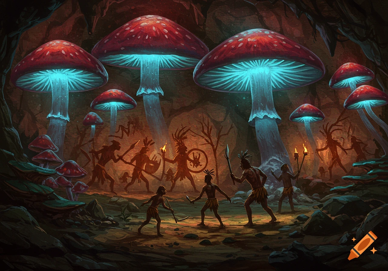 Primitive figures battle under giant glowing mushrooms in a dark, fantasy cave art style.
