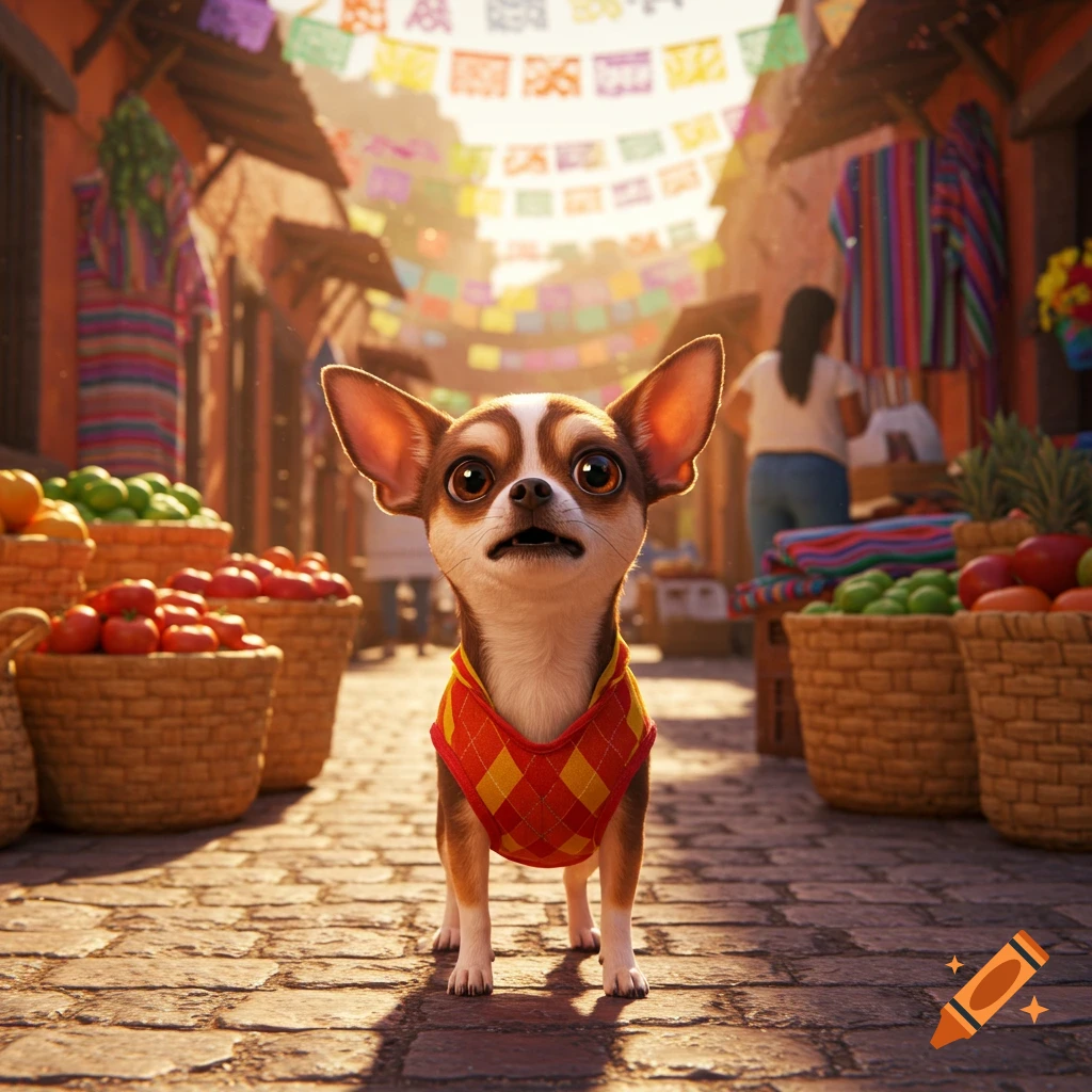 A small chihuahua in a red and yellow argyle sweater stands on a cobblestone path in a vibrant outdoor market under colorful banners.