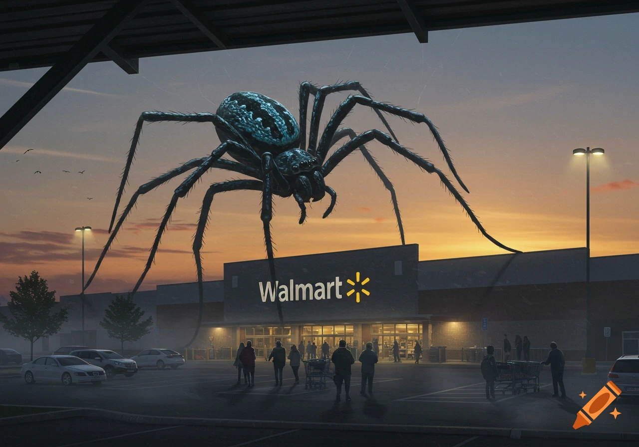 A giant dark spider with blue patterns looms over a Walmart store at dusk, with people and cars in the parking lot.