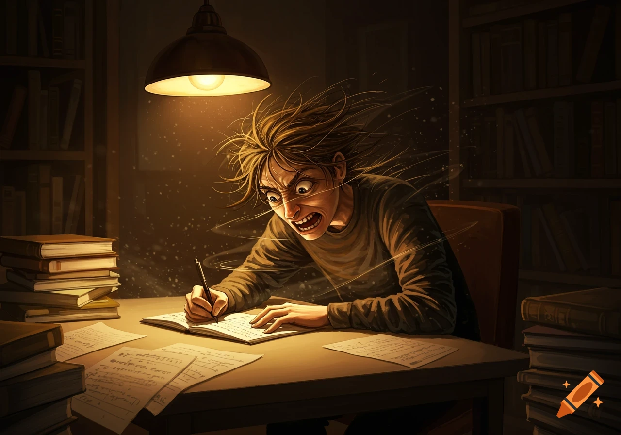 Illustrative depiction of a person with wild hair and a stressed expression frantically writing at a desk under a lamp, surrounded by books and papers.