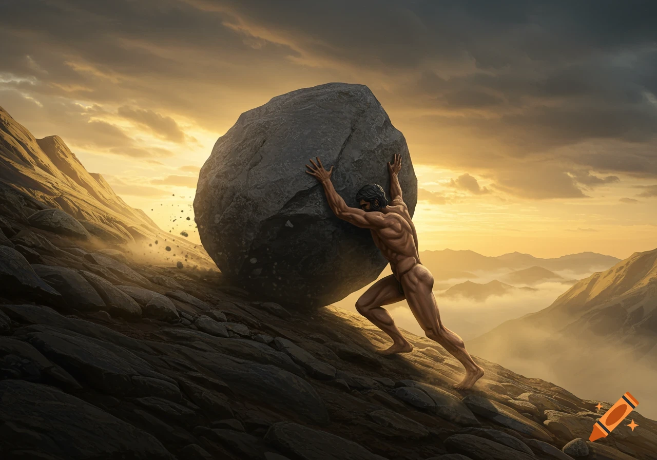 Sisyphus, a nude man, strains to push a giant boulder up a rocky mountain slope under a dramatic golden sky.