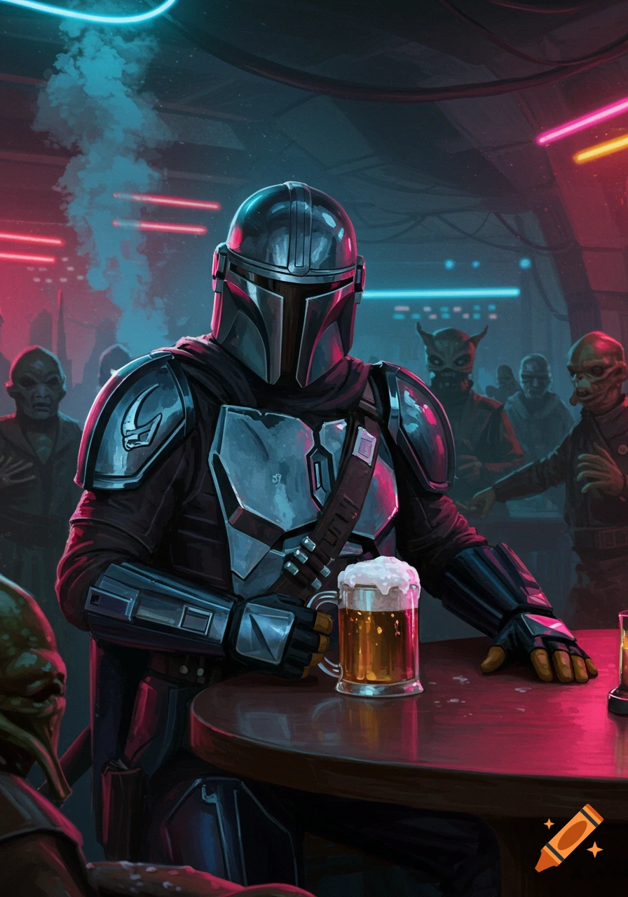 The Mandalorian, in his armor, sits at a bar table drinking a beer, surrounded by alien patrons in a dimly lit sci-fi cantina.