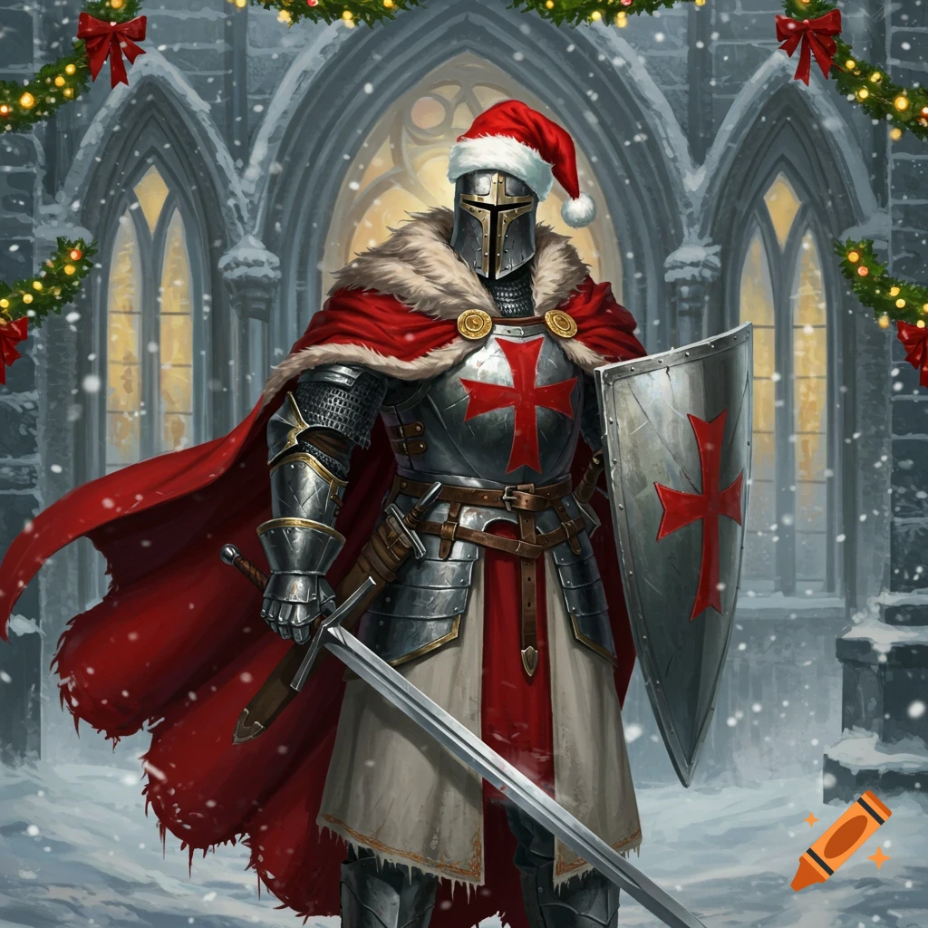 A Templar knight in full armor and a Santa hat, holding a sword and shield with a red cross, standing in snow before a gothic church decorated for Christmas.