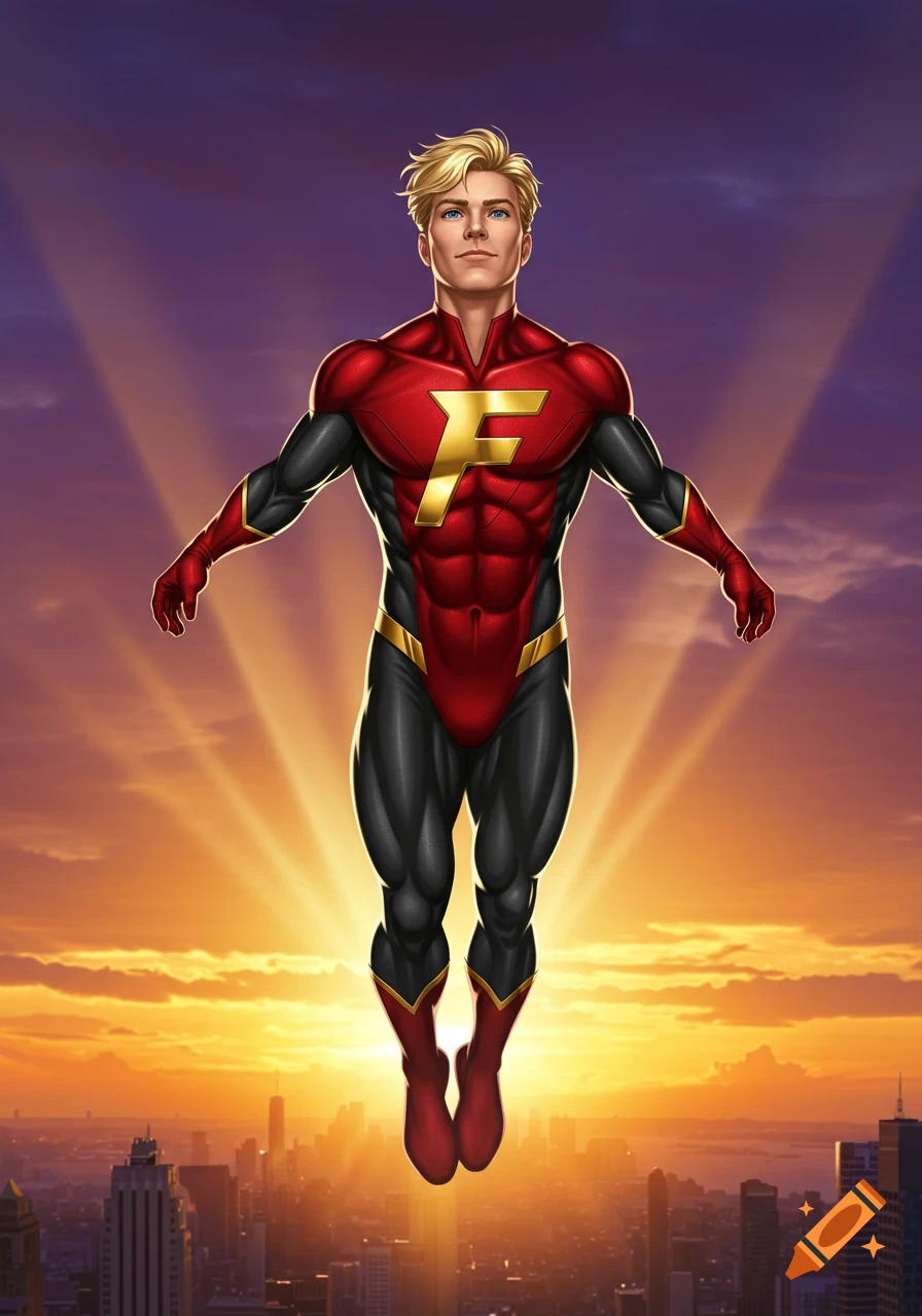 A blonde male superhero in a red and black suit with a gold 'F' emblem flies over a city skyline at sunset in comic book style.
