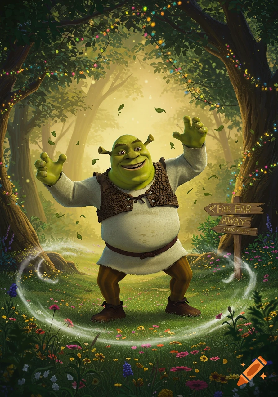 Shrek happily dancing in a vibrant, sun-dappled fantasy forest, with a "FAR FAR AWAY" sign in the background.