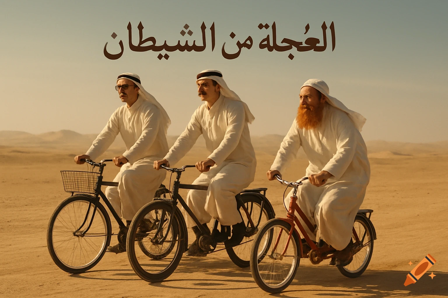 Three men in traditional white thobes and keffiyehs ride bicycles side-by-side in a vast desert, with Arabic text above them.