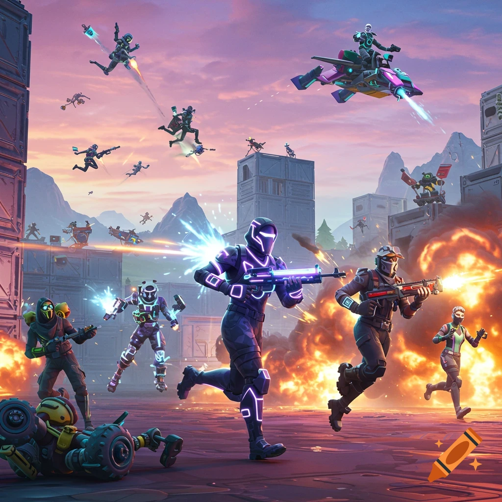 Fortnite characters battle in a vibrant, action-packed scene with glowing weapons, explosions, and flying vehicles under a colorful sky.
