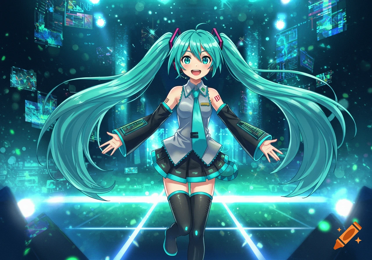 Anime illustration of Hatsune Miku with long turquoise twin tails, smiling with arms outstretched on a futuristic digital stage.