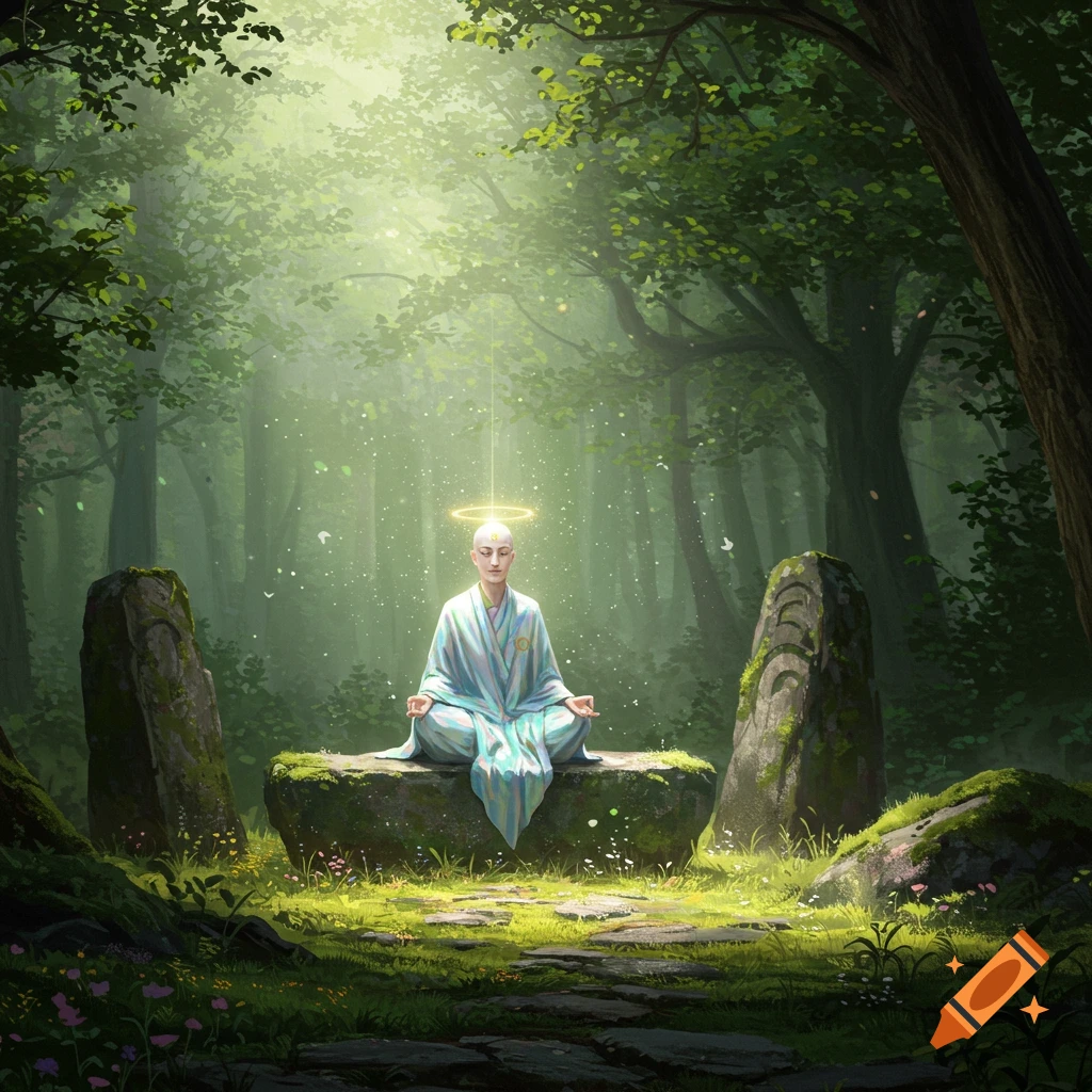 A serene bald figure with a glowing halo meditates on a mossy rock in a ...