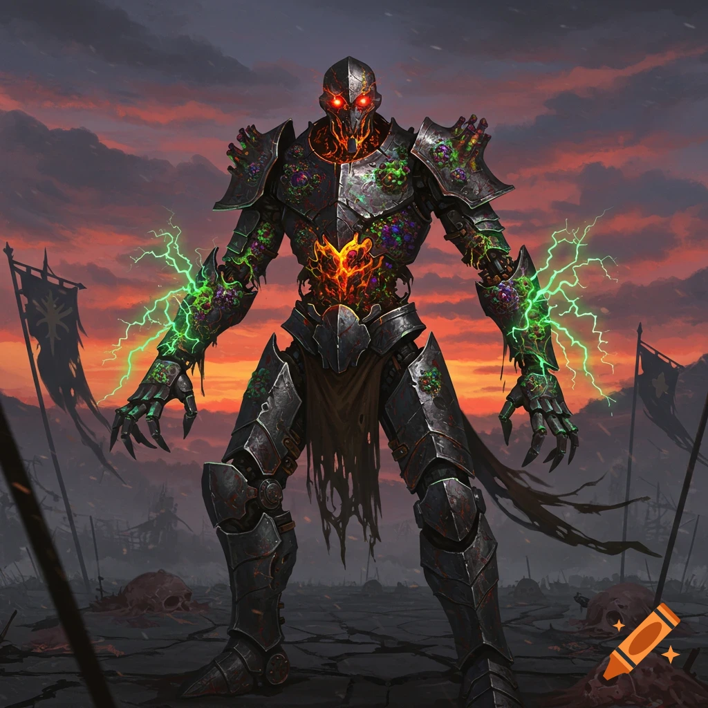 A monstrous, armored warforged with glowing red eyes and green viral ...