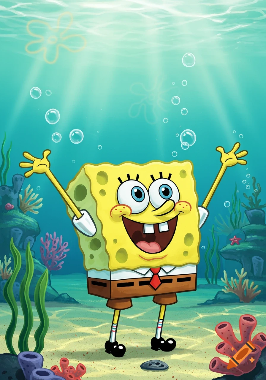 SpongeBob SquarePants happily raising his arms underwater amidst coral and bubbles.