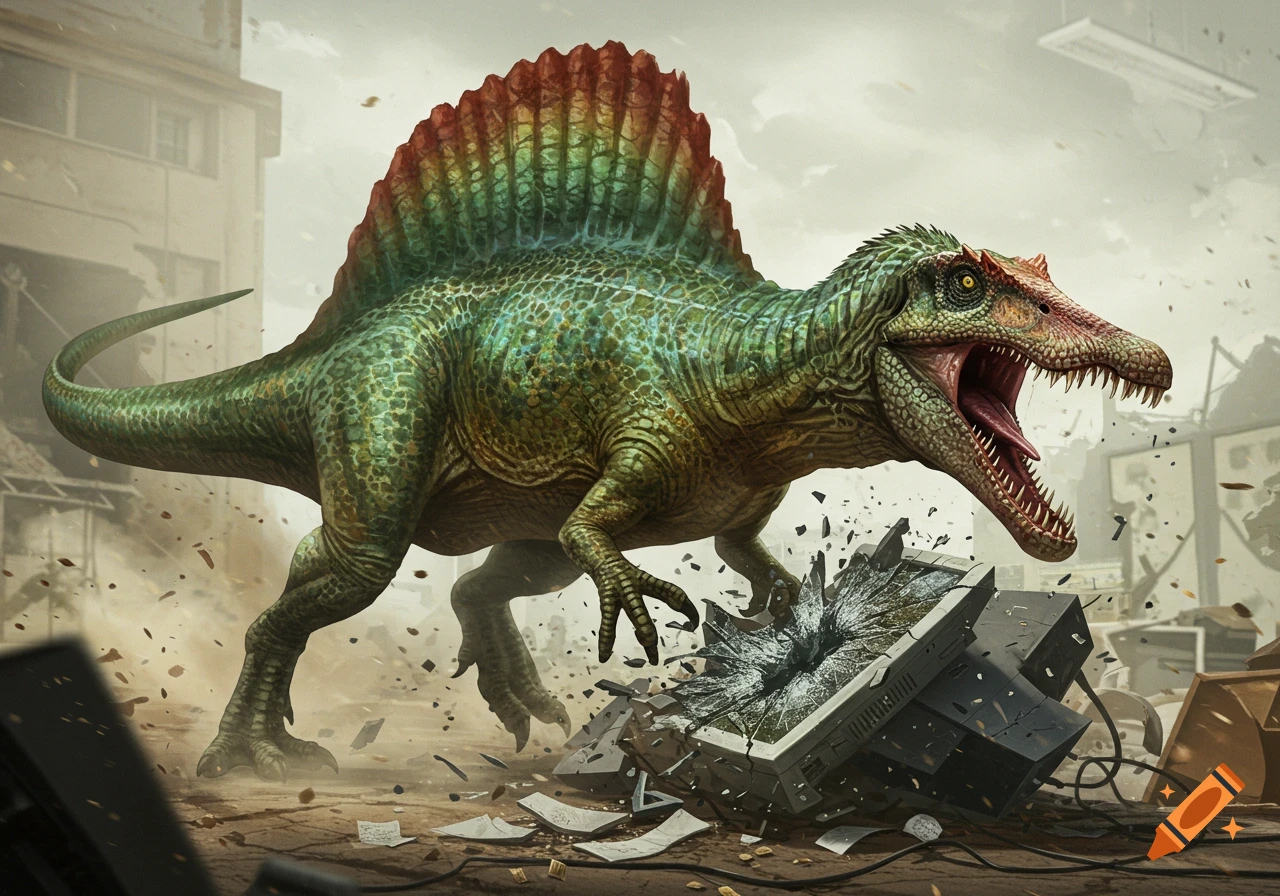 A fierce green Spinosaurus with a colorful sail smashes a computer monitor in a destroyed office.