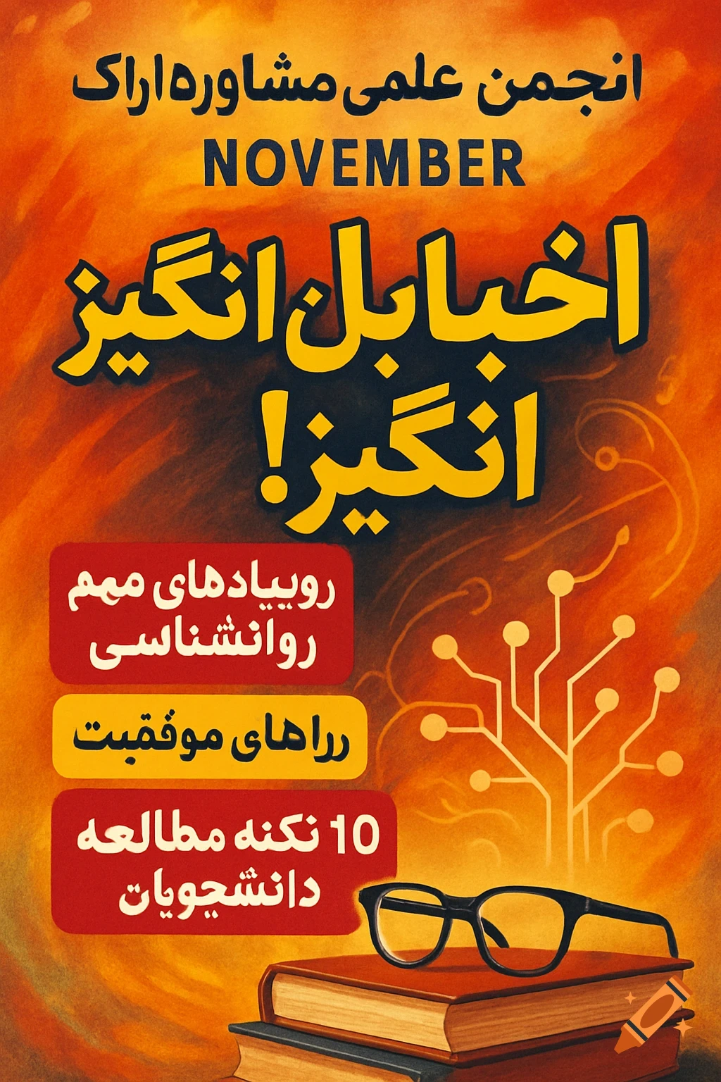 An orange and red magazine cover with Persian text, 'NOVEMBER', 'Exciting News!', and bullet points about psychology and study tips, featuring a circuit pattern, books, and glasses.