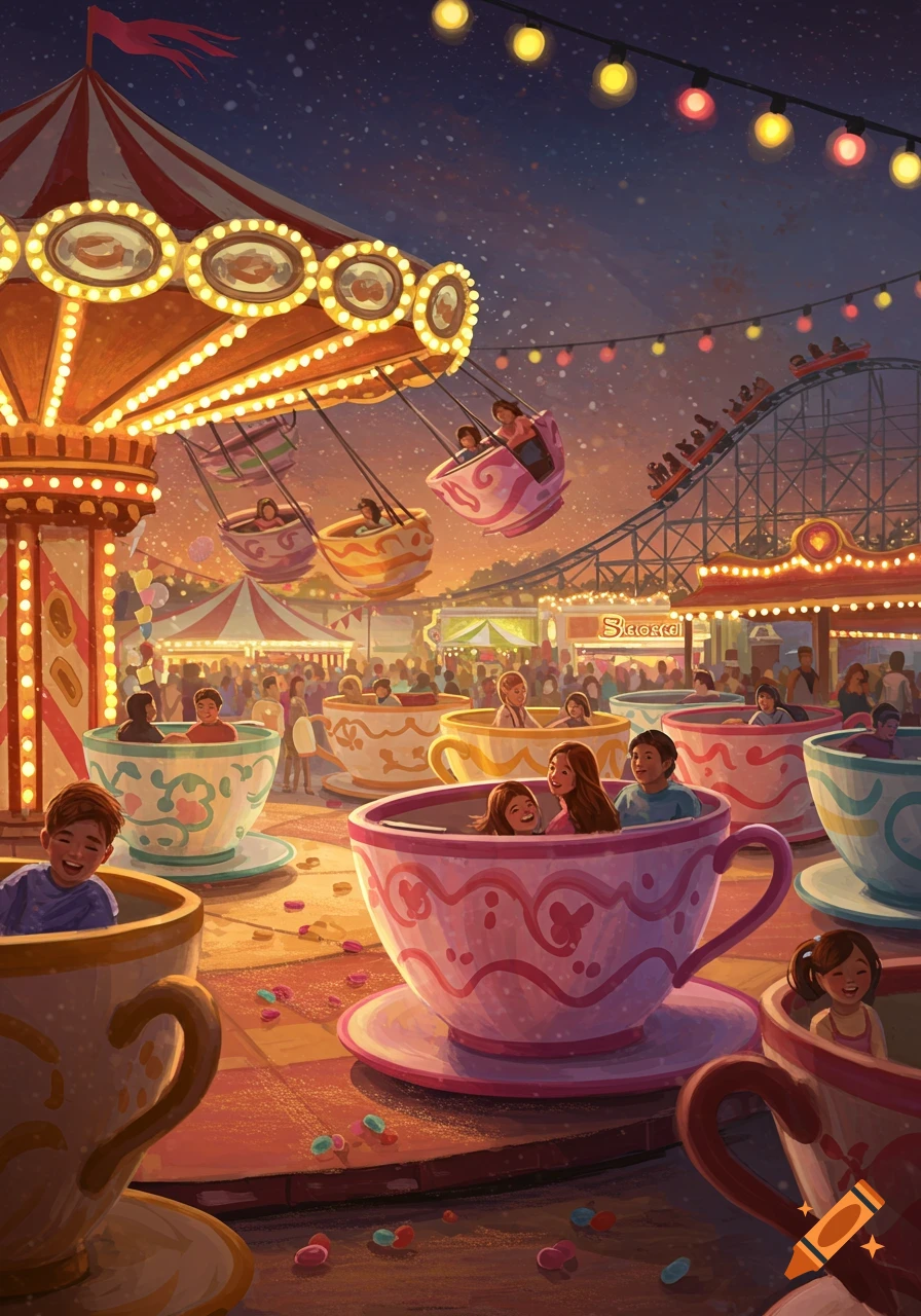 Children and adults ride spinning teacups and a swing ride at a vibrant night carnival, with a roller coaster in the background.