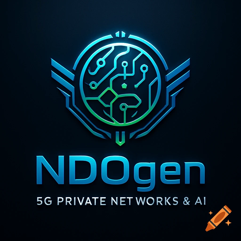 A blue and green metallic logo with circuitry, featuring the text 'NDOgen' and '5G PRIVATE NETWORKS & AI' on a dark background.