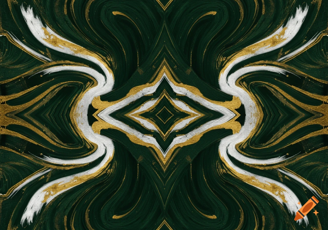 Symmetrical abstract painting with swirling dark green, gold, and white brushstrokes forming a central diamond pattern.