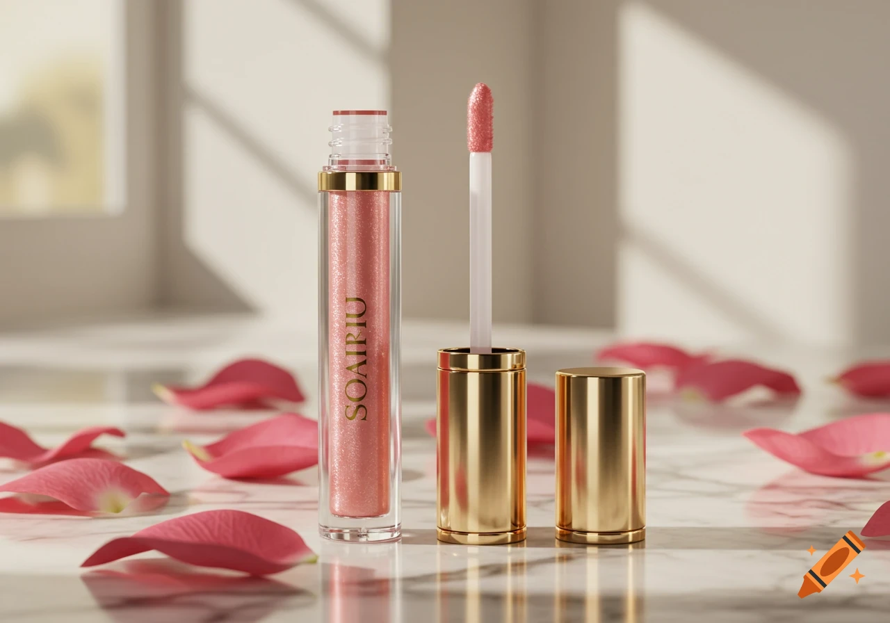 An open pink glitter lip gloss tube with a gold cap, displaying its wand, sits on a marble surface surrounded by pink rose petals.