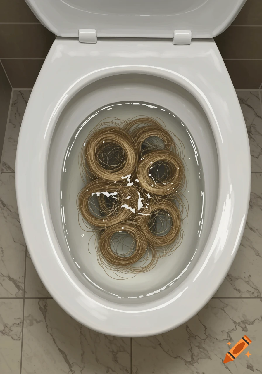 Top-down view of a white toilet bowl filled with water and circular coils of light brown hair.