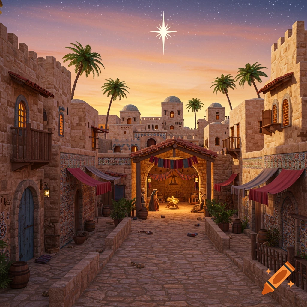 A vibrant Nativity scene in an ancient Middle Eastern town with stone buildings, palm trees, and a bright star in the sky.