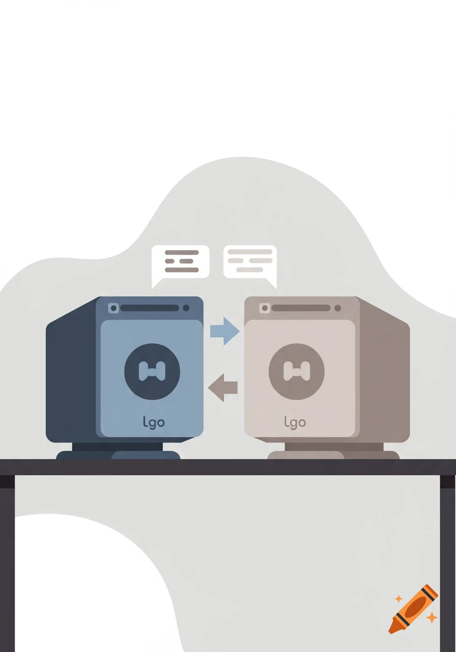Two blue and beige internet boxes with 'Lgo' labels sit on a black desk, communicating via arrows and speech bubbles in a vector illustration.