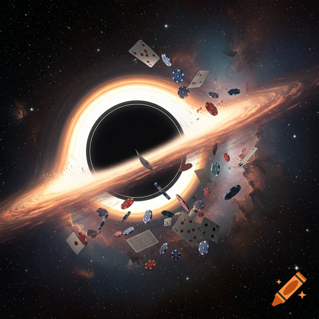 A glowing black hole in space with poker chips and playing cards swirling into its event horizon, amidst a backdrop of stars and nebulae.