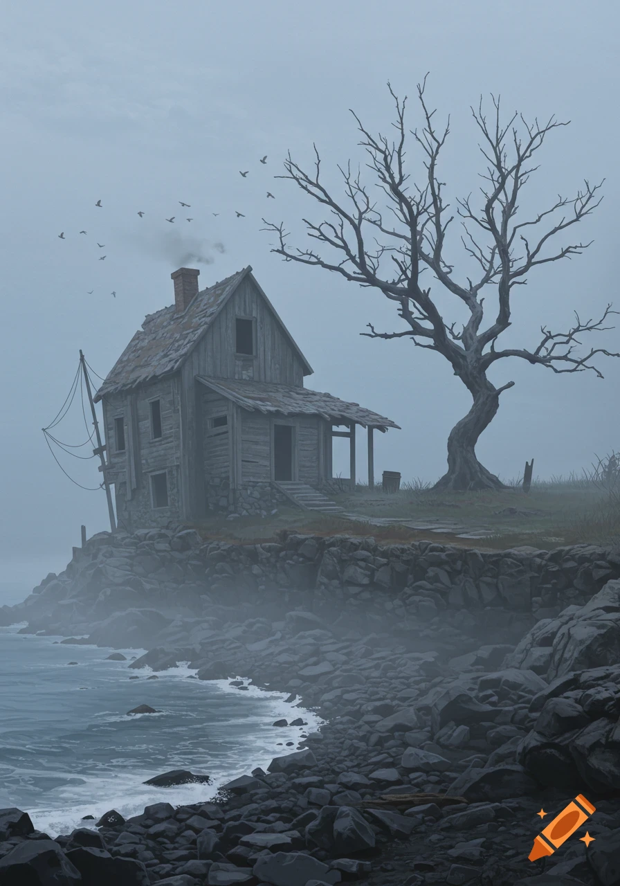 A dilapidated wooden house and a bare tree stand on a rocky cliff by a foggy sea, with birds flying in the misty sky.