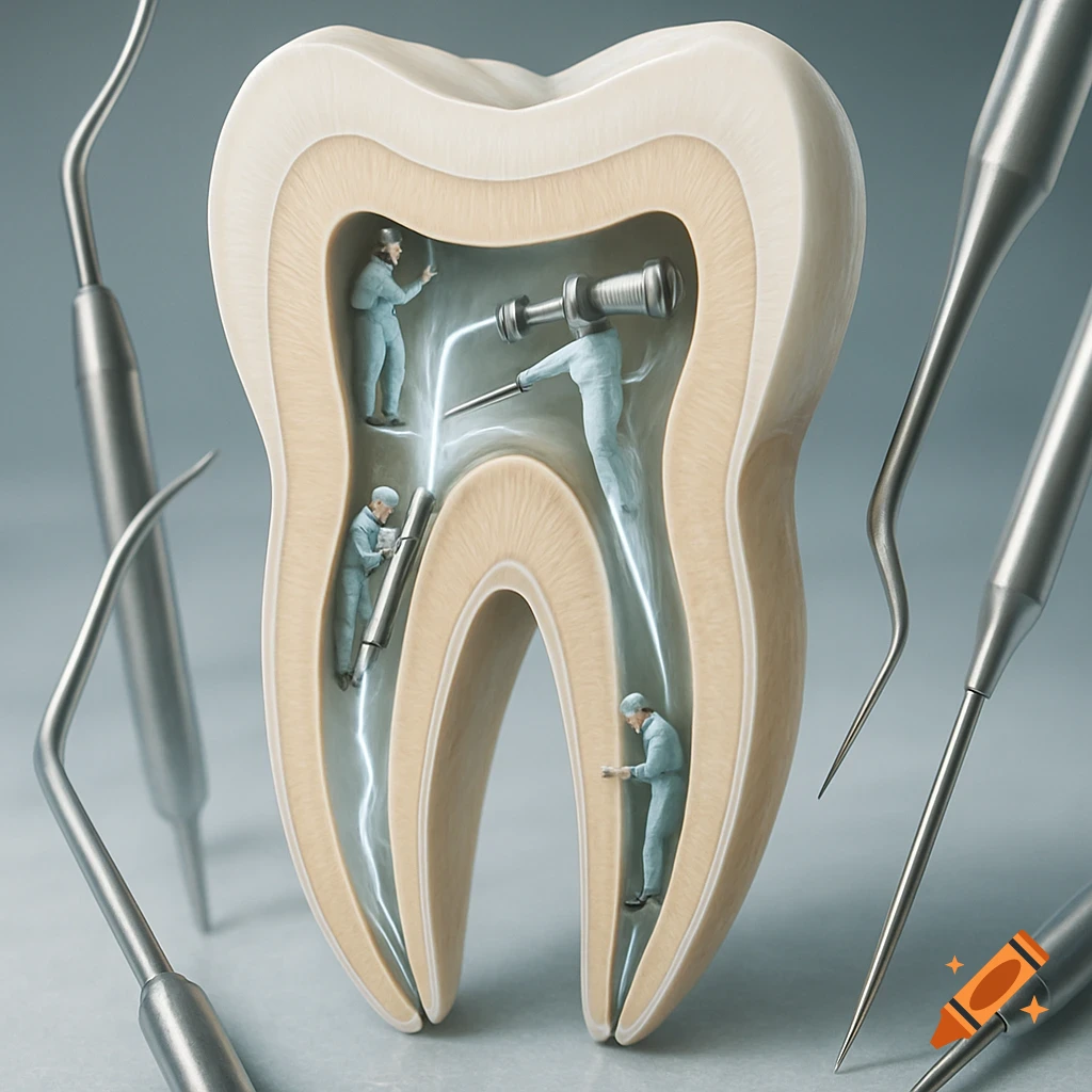 Detailed cross-section of a tooth with miniature figures performing a dental procedure inside the root canals, surrounded by dental tools.