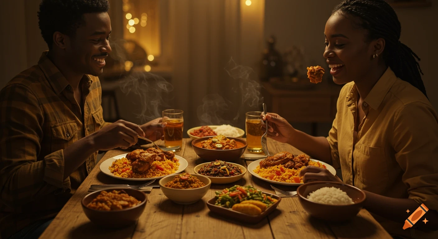 Two smiling Black friends share a traditional African meal with chicken, rice, and other colorful dishes on a wooden table, warm lighting.