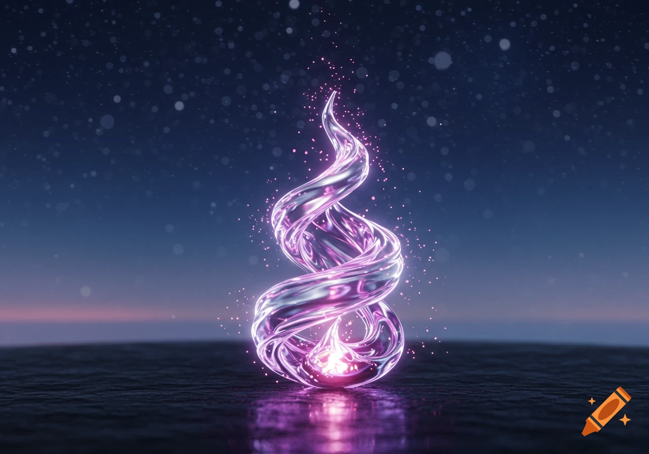 A glowing silver and violet twisted, flame-like sculpture erupts from a dark, reflective surface, surrounded by sparkling particles against a twilight sky.