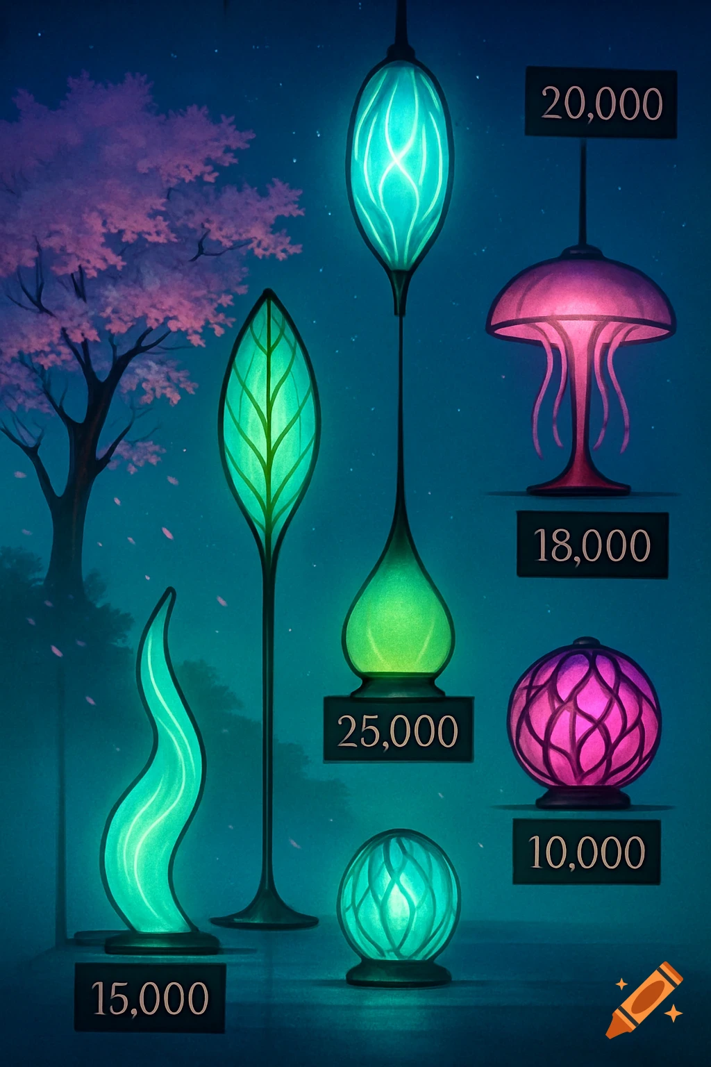 Anime style image of glowing green and pink fantasy lamps with price tags, set against a dark background with a pink cherry blossom tree.
