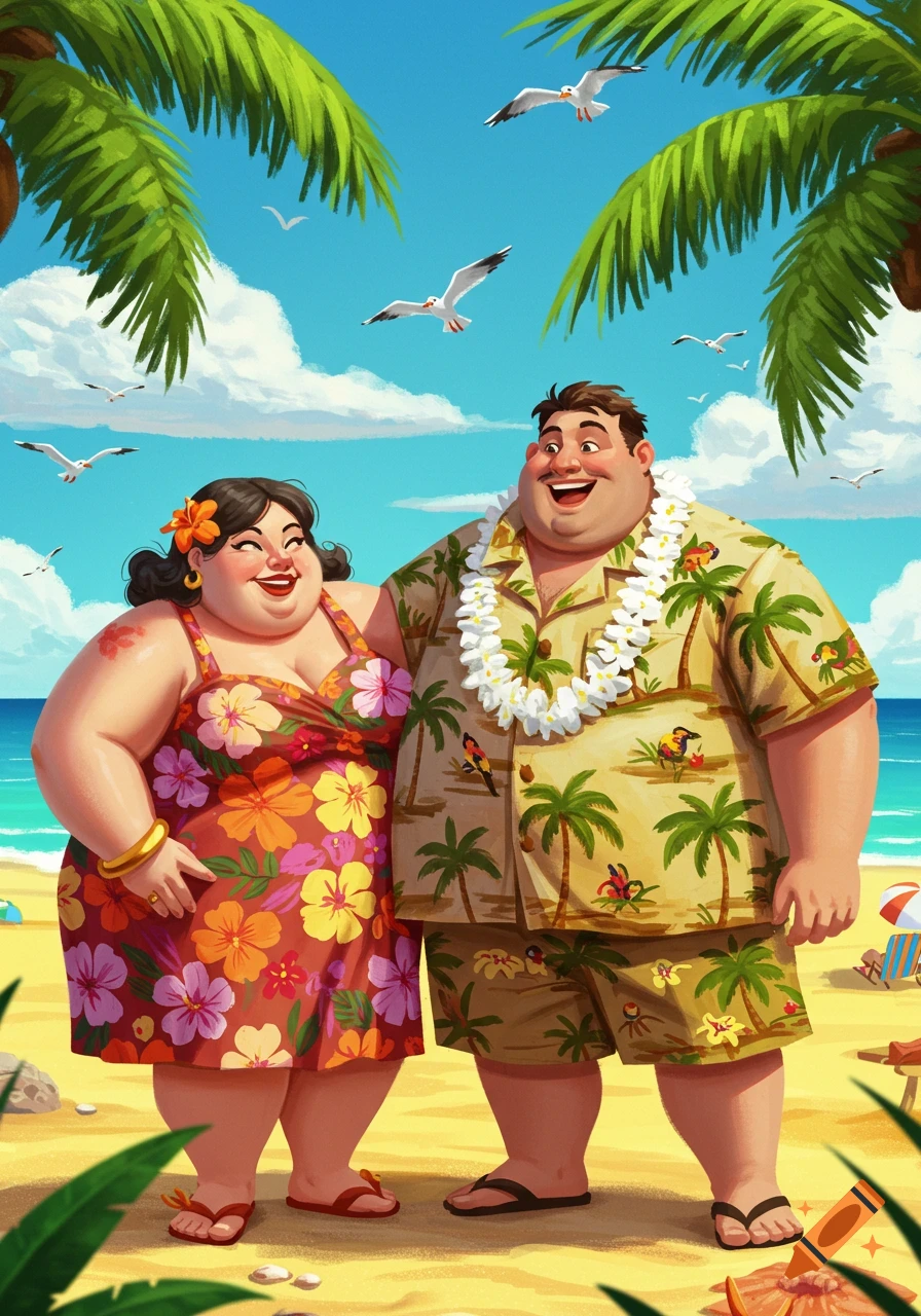 A happy, overweight couple smiles on a vibrant cartoon beach. The woman wears a floral muumuu, and the man has a Hawaiian shirt and lei.