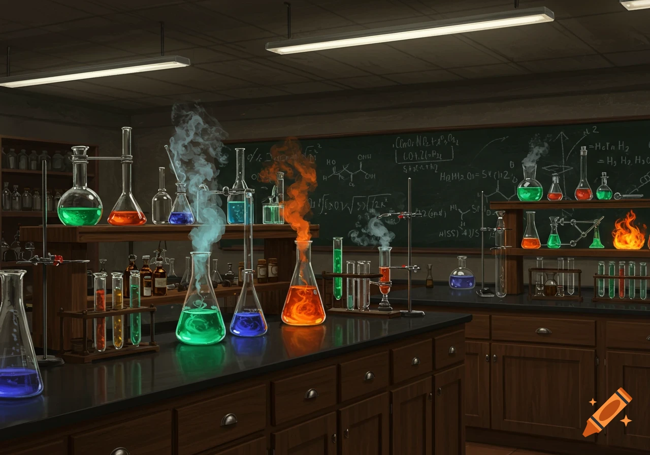 A dark chemistry lab with numerous beakers, flasks, and test tubes containing colorful, bubbling liquids and smoke, against a blackboard.