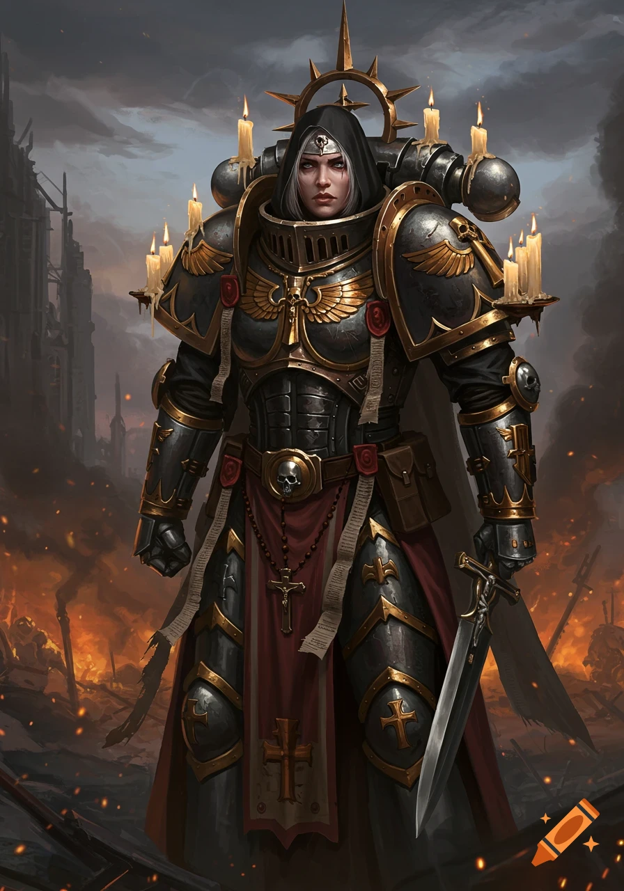 A female Adepta Sororitas warrior in black and gold power armor with candles on her shoulders, holding a sword in a war-torn landscape.