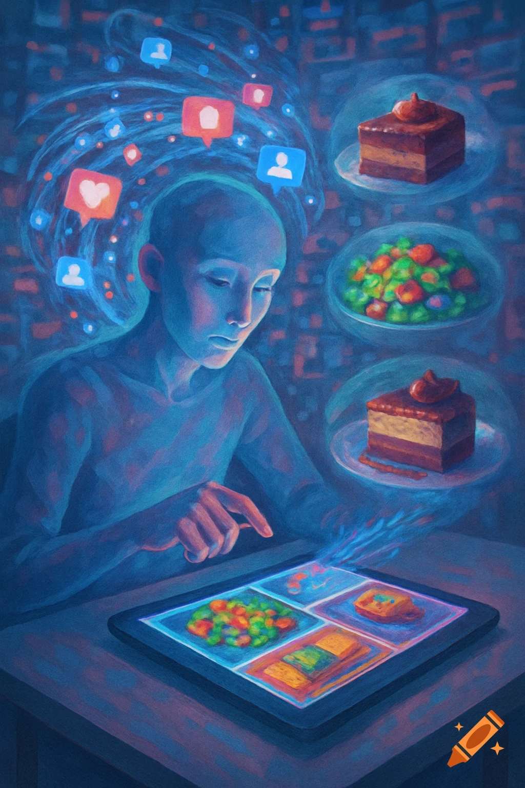 A stylized person with blue skin interacts with a glowing tablet showing food, surrounded by floating social media icons and food, digital art.