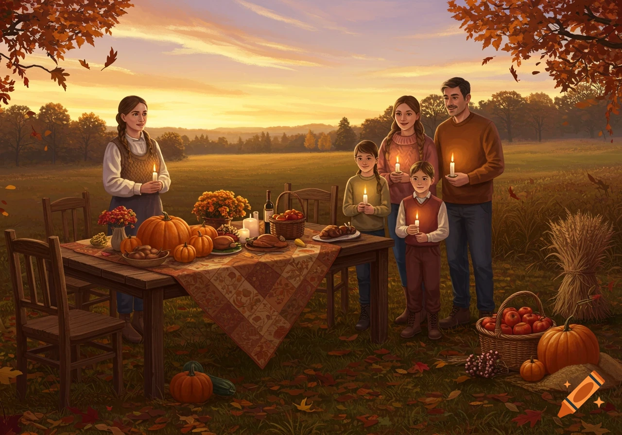 Illustration of a family holding candles around a Thanksgiving table with pumpkins and food in an autumn sunset field.