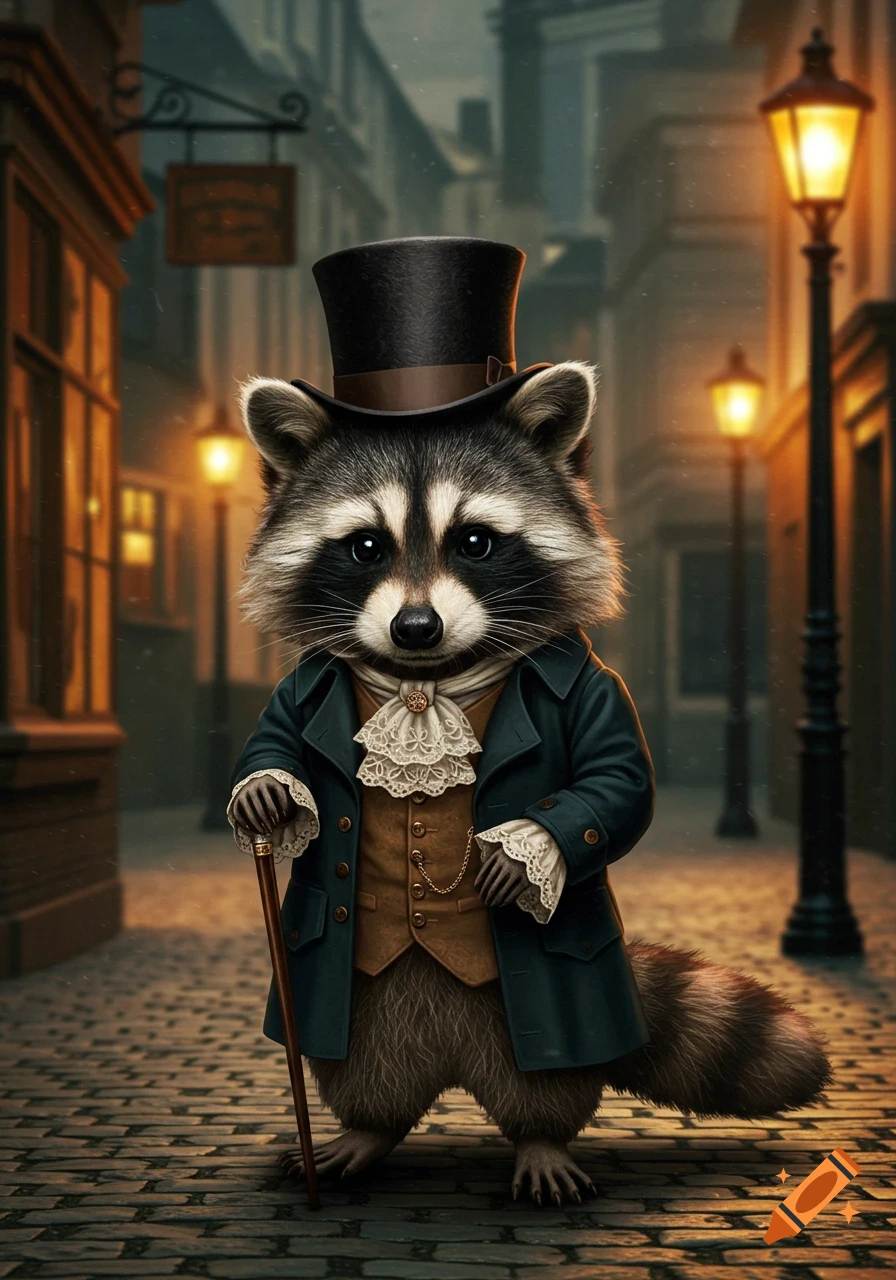 A photorealistic raccoon in a top hat and Victorian suit stands on a cobblestone street, holding a cane, in a lamp-lit city.