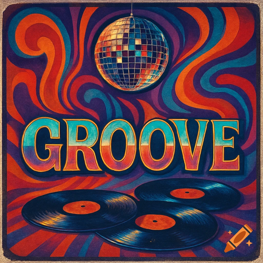 70s psychedelic album art featuring a disco ball, the word 'GROOVE', and vinyl records on a colorful swirling background.