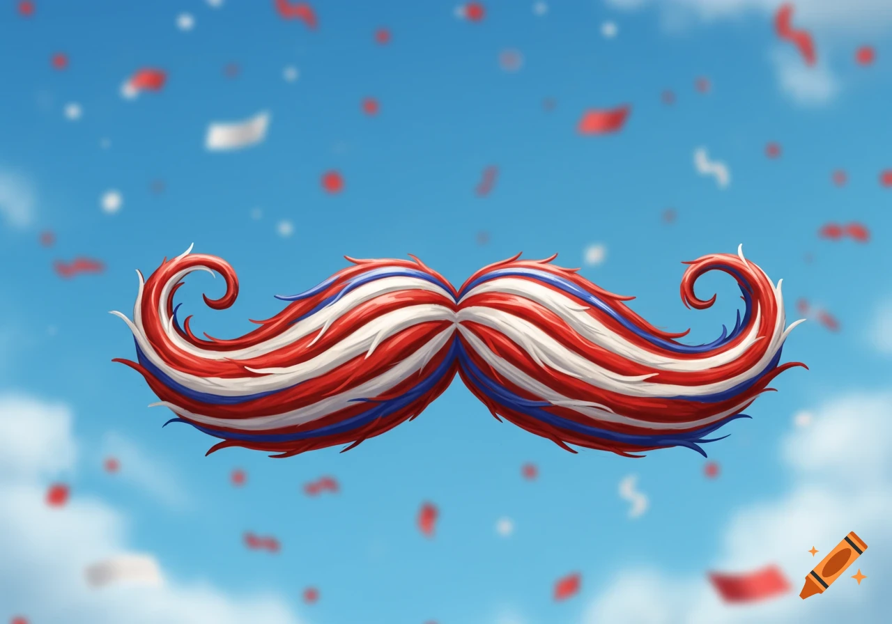 A stylized mustache composed of red, white, and blue stripes, floating in a bright blue sky with blurry confetti.